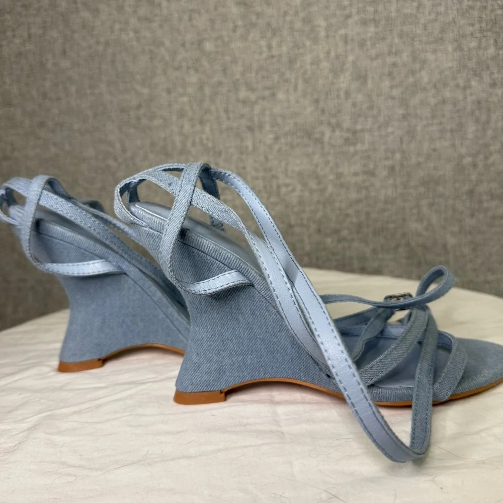 Pretty Little Thing Size 4‎ Blue Jean Denim Wedge Ankle Wrap Sandals